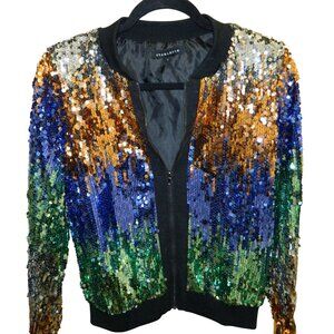Starlette Multicolor Bling Sequin Bomber Jacket With Black Ribbed Trim Sz Small